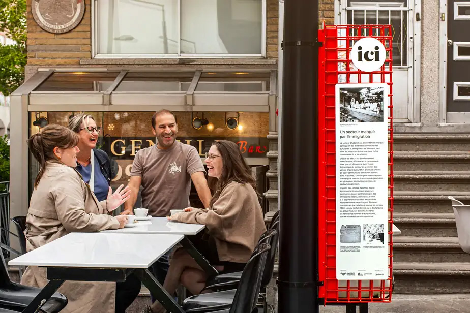 PHOTO BY ÉMILIE DELORME, FOR SDC DISTRICT CENTRAL
At the heart of the Chabanel sector, the Signature Intervention Plan's historical panels and wayfinding signage highlight the rich history of local businesses, including Café Gentile, which has been part of the community since 1959.
