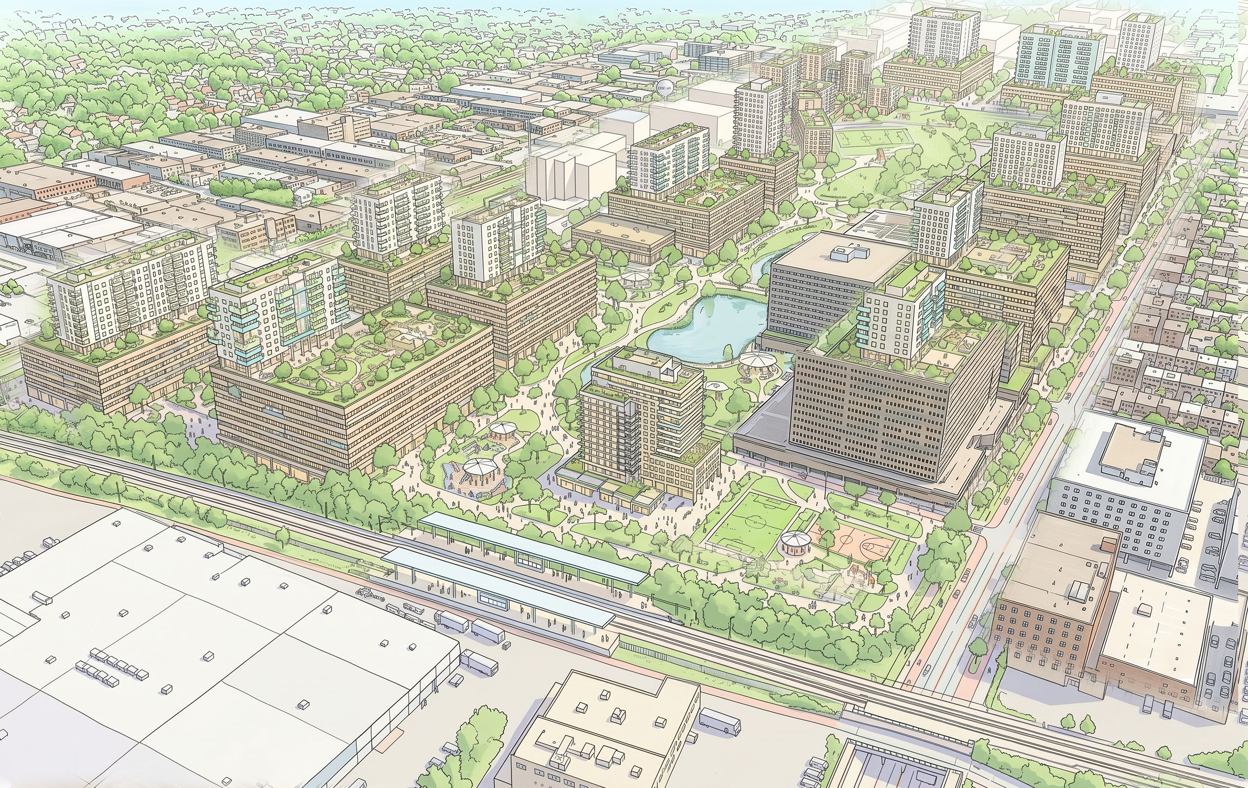 BC2’s conceptual rendering of the Chabanel area’s potential, based on the principles of “building on what’s already built” and greening the area within the quadrilateral bounded by the railway (Chabanel station), Saint-Laurent Boulevard, Louvain Street and Louvain Street West.