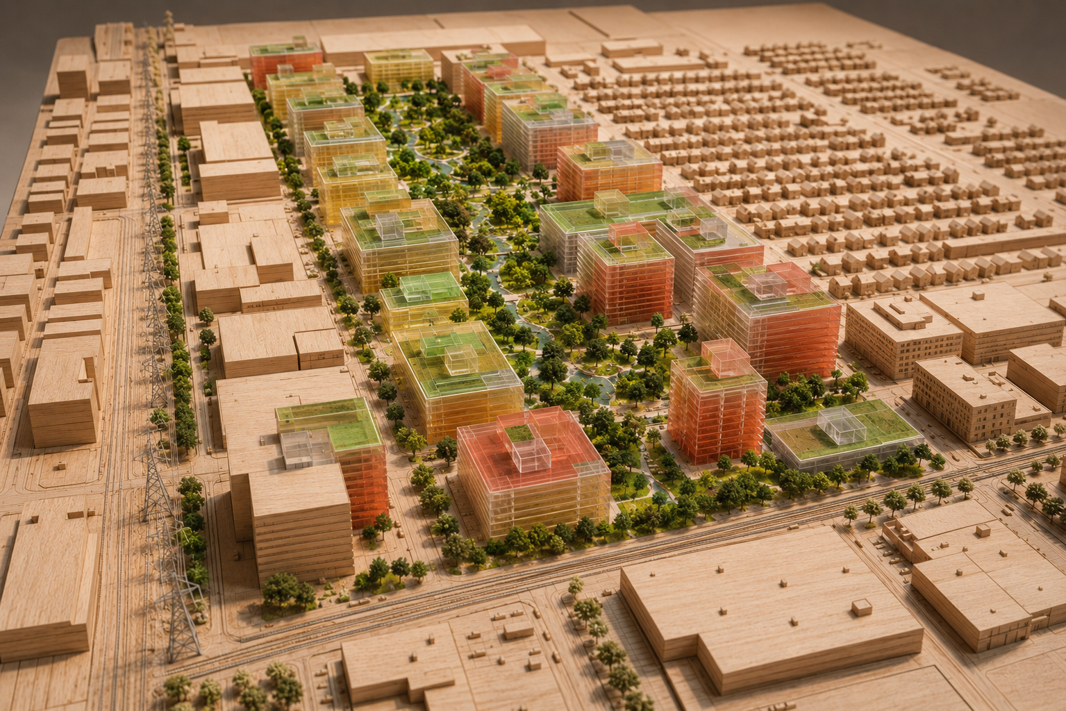 The Chabanel 2050 concept: A foundational  green corridor and vertical densification of existing manufacturing buildings. Conceptual volumetrics study. Credit: BC2